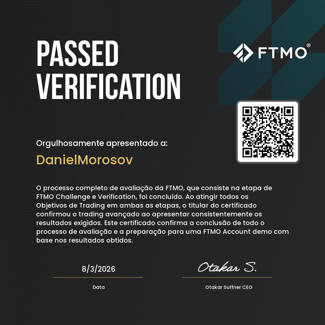 Certificado FTMO Passed Verification de Daniel Morosov